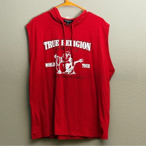 True Religion Men's Hooded Tank Top Red World Tour Buddha Logo Sz Medium - Picture 3 of 6